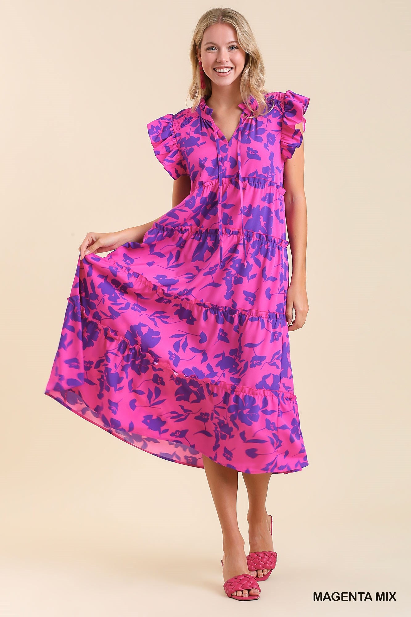 Floral Print on Print Magenta Dress