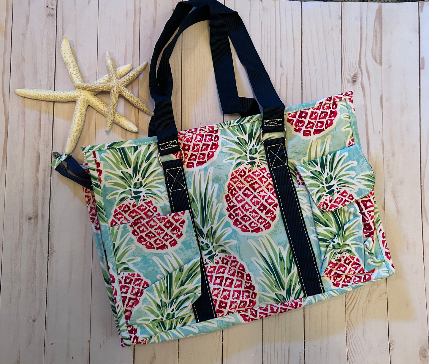 Pineapple Punch Utility Tote with Navy Trim